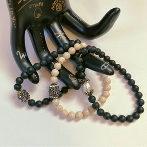 Gemstone Bracelet Stack Of Three Beaded Bracelets With Egg CZ Focal Beads